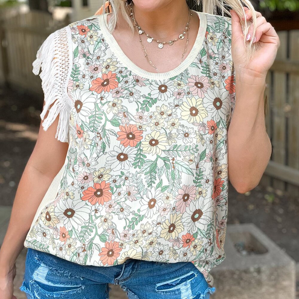 NWOT Floral Crochet-Trim Women's Top - White with Coral & Green